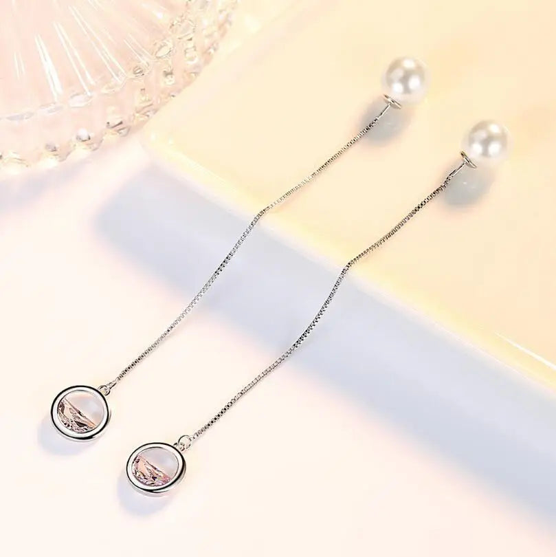 Newest Pendants 925 stamp silver color Dazzling CZ Zirconia Pearl Long Tassel Ear Line Drop Earrings For Women Earrings