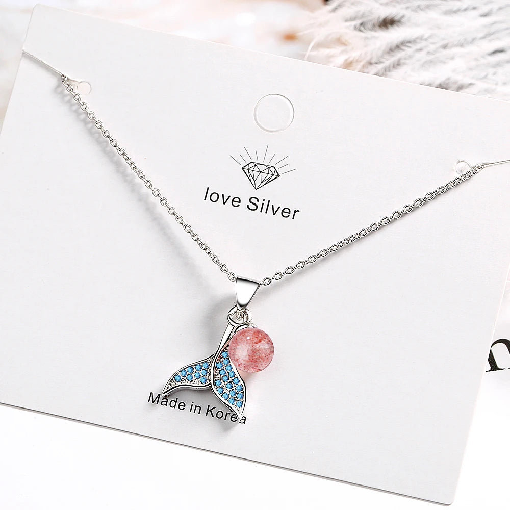 Romantic 925 Sterling Silver Blue Zirconia Mermaid FishTail Necklace For Women Natural Strawberry Crystal Jewelry S-N450