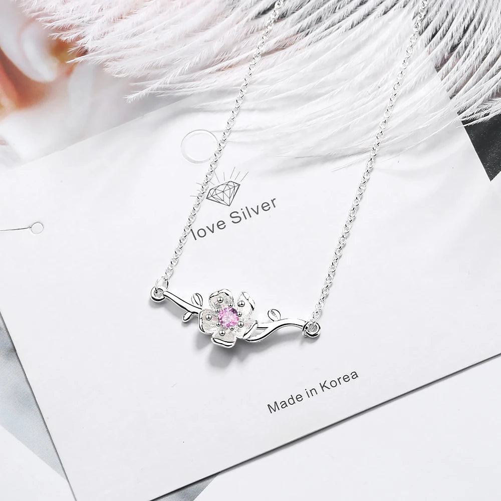 New Fashion 925 Sterling Silver Pink Zirconia Blossom Cherry Flower Branch Pendant Necklace For Women Choker