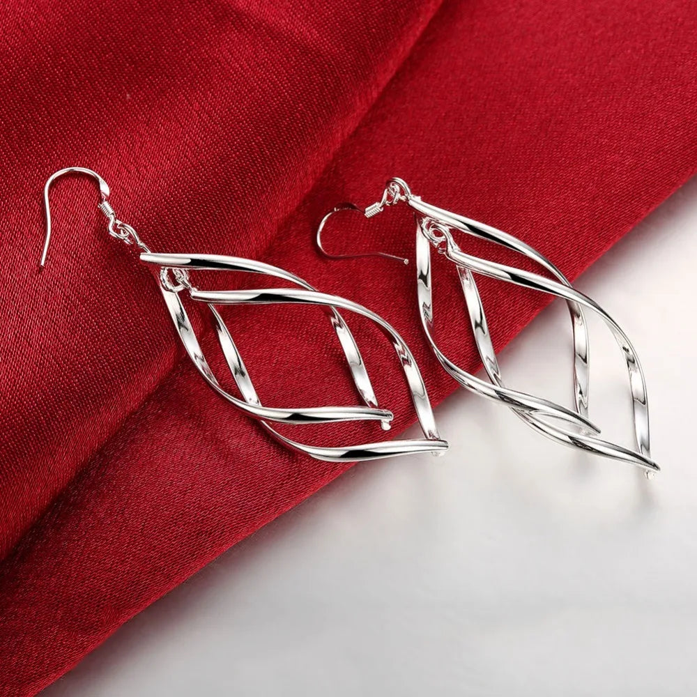 Silver color Brincos Twist Rhombus Hollow Leaf Big Dangle Earrings For Women Wedding Fine Jewelry Mujer Boucle D'oreille