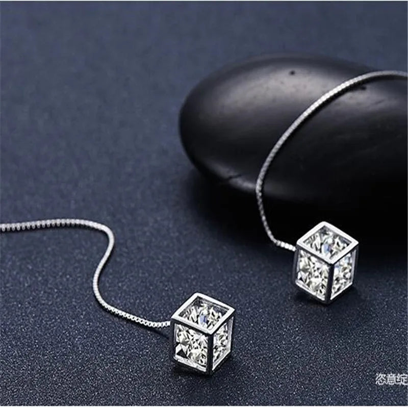 925 stamp silver color Long Tassel Crystal Square Cube Zirconia Drop Earrings For Women Girs Sterling-silver-jewelry Pendiente