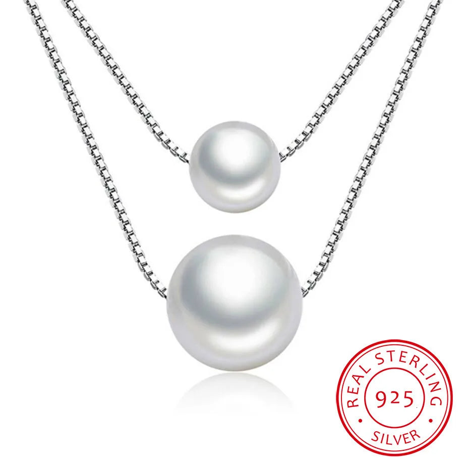 925 Sterling Silver Necklace Double Layer Chain Real Pearl Choker Necklaces & Pendants For Women Kolye S-n156