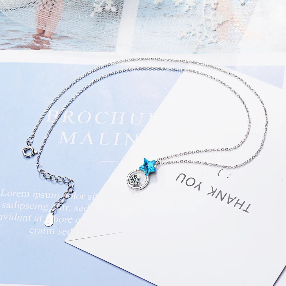 Simple Blue Star Single Aaa Zirconia Pendant 925 Sterling Silver Necklace For Women Chain Choker Collier S-n348