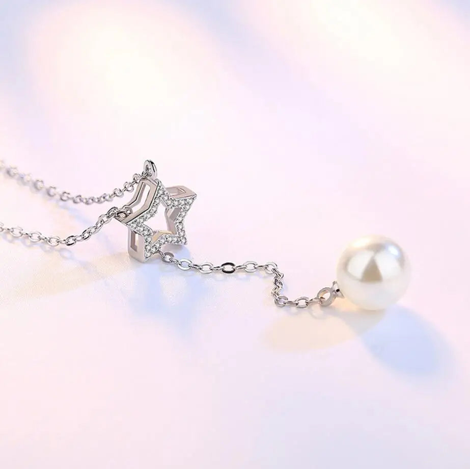 New Simple Fashion 925 Sterling Silver Cross Crystal Star Real Pearl Pendant Chian Necklace For Women choker S-N05