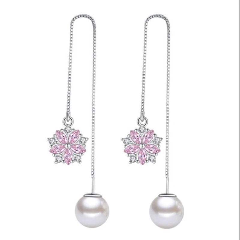 925 stamp silver color Pink Crystal Micro Zirconia Cherry Blossom Flower Pearl Tassel Earrings For Women Girl brincos S-E567