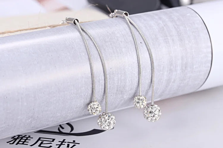 Silver color Bridal Jewelry Rhinestone Crystal Double Balls Long Tassel Drop Earring For Women Boucle D'oreille Oorbellen