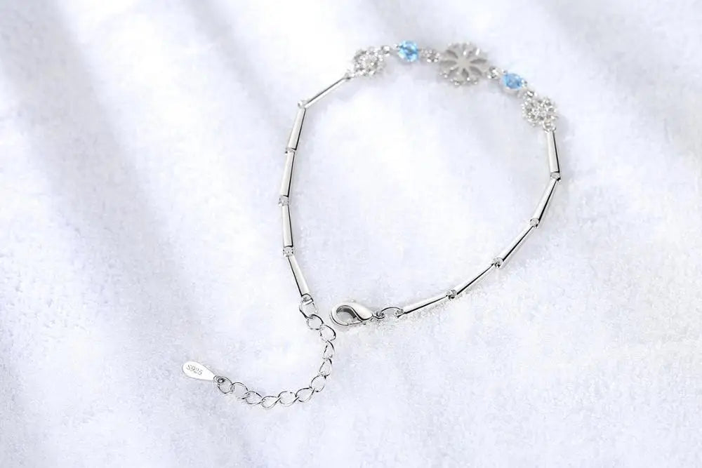 Hot Fashion 925 Sterling Silver Snowflake Bracelets & Bangles Blue/White Zirconia Shiny Crystal pulseira feminina Gift