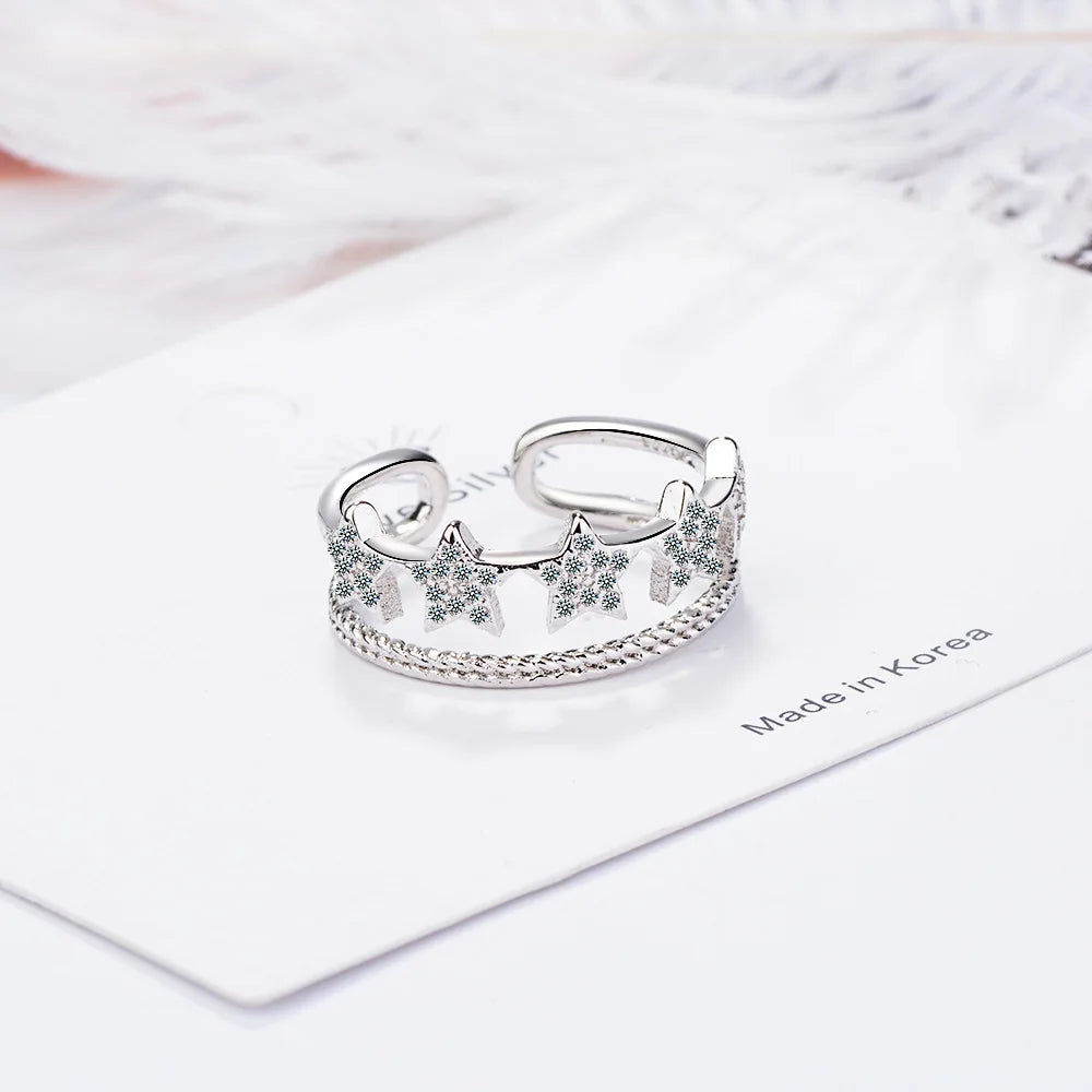 AAAAA Zirconia Double Line Star Adjustable Ring For Women 925 Sterling Silver Rings For Girl Fashion Ring Bague JZ254