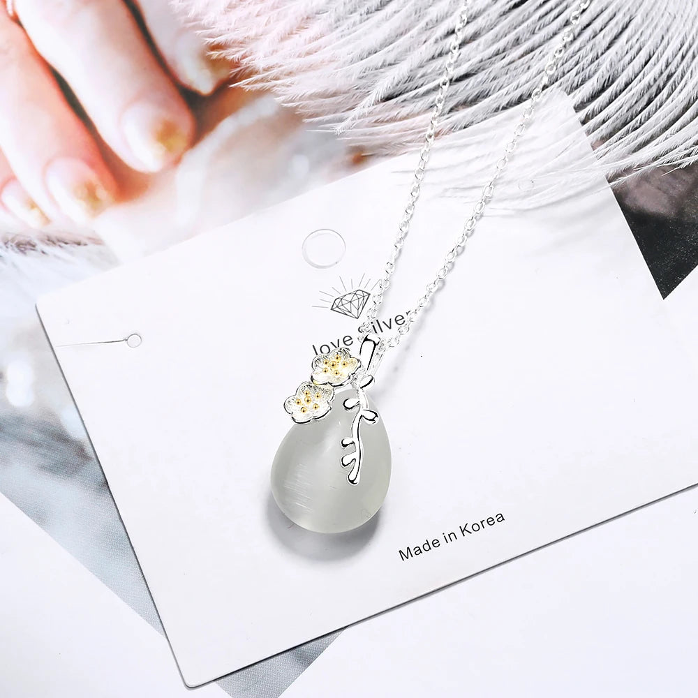 925 Sterling Silver Necklace Love Angle Tear Moonlight Opal Blossom Cherry Flower Pendant Neckace For Women Gift Choker