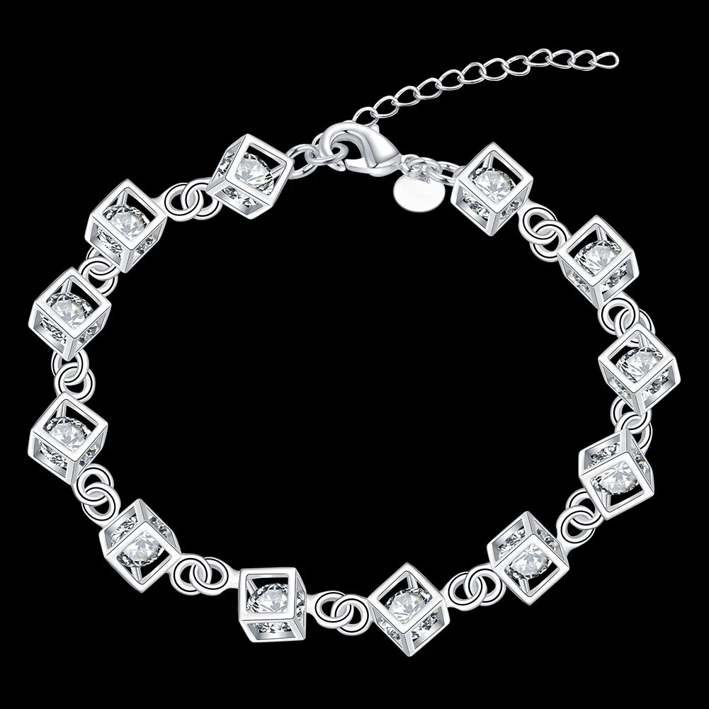 925 stamp silver color Charm Bracelet Luxury Crystal Zirconia Square Cube Box Bracelet Pulseiras For Women Gift S-B236