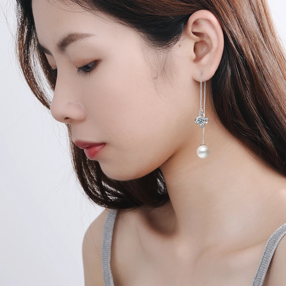 925 silver long Drop Earrings for women with round Pearl Jewelry silver zirconia Women Wedding Party wholesale gift