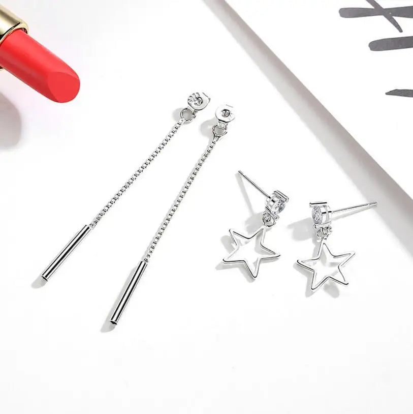 925 stamp silver color Earrings For Women Zirconia Star Long Tassel Earrings Ear Chain oorbellen boucles d'oreilles S-E444