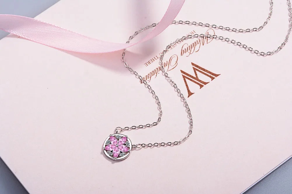 925 Sterling Silver Pink Crystal Cherry Blossom Flower Pendant Necklace For Women Chain Necklce Choker S-n08