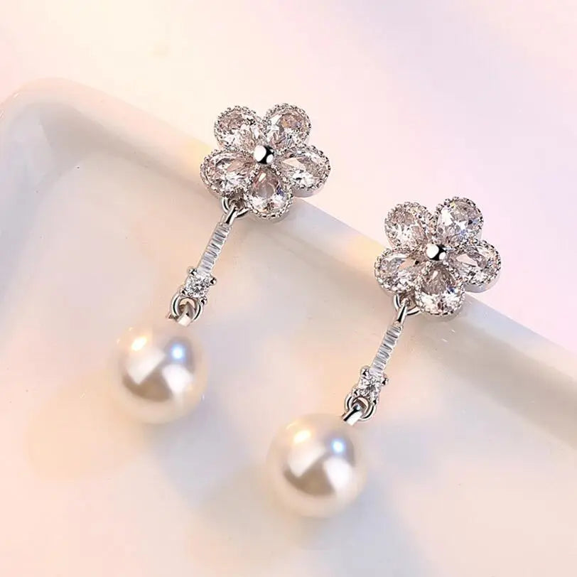 925 stamp silver color Earrings Crystal Plum Ice Flower Zirconia Pearl Drop Earrings For Women brincos de prata S-E252