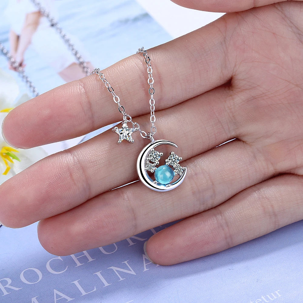 Fashion Charm Women Moon Star Necklace Jewelry 925 Sterling Silver Zirconia Choker Necklaces Pendant For Women Girls Gift Colar