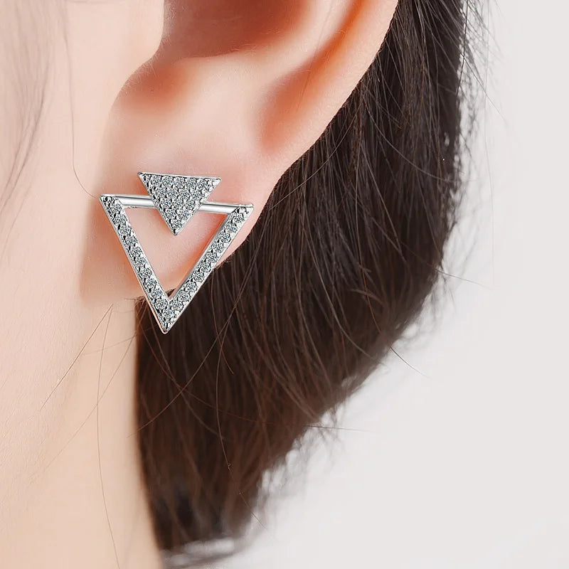 925 Sterling Silver Jewelry Shiny Zirconia Crystal Hollow Triangle Stud Earrings For Women pendientes Oorbellen S-E358