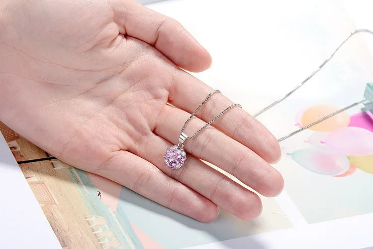 925 Sterling Silver Pink Cherry Blossoms Pendant Necklace For Women Romantic Flower Crystal Pendant Fine Jewelry Birthday Gift