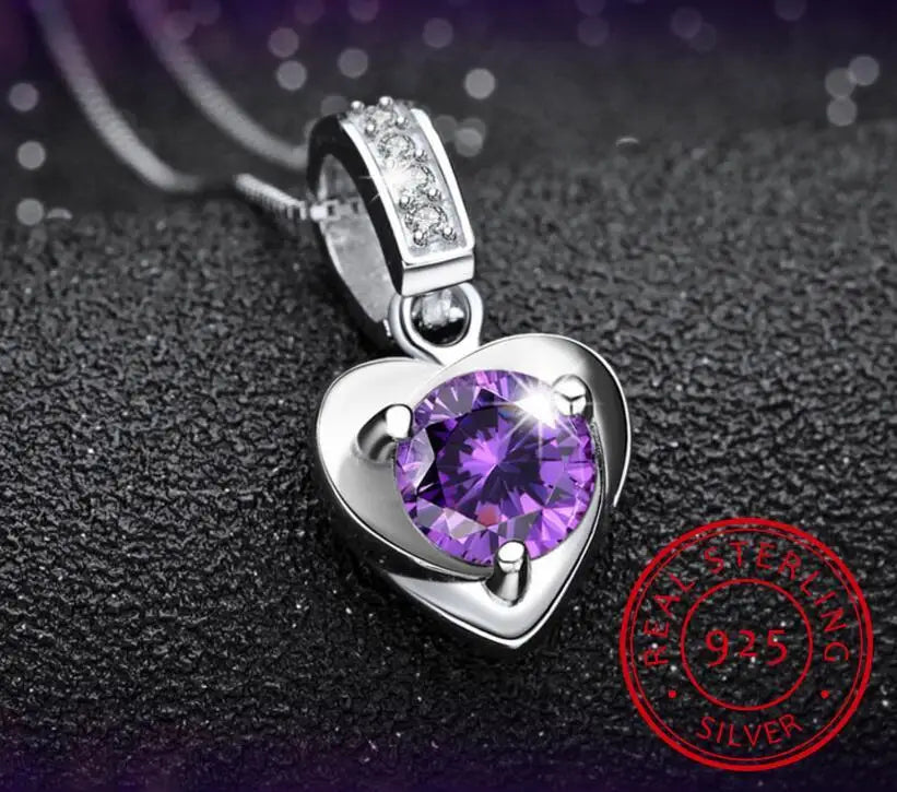 925 Sterling Silver White/Purple Zirconia Heart Shape Pendant Necklace For Women Gift 45cm Link Chain choker collares S-N132