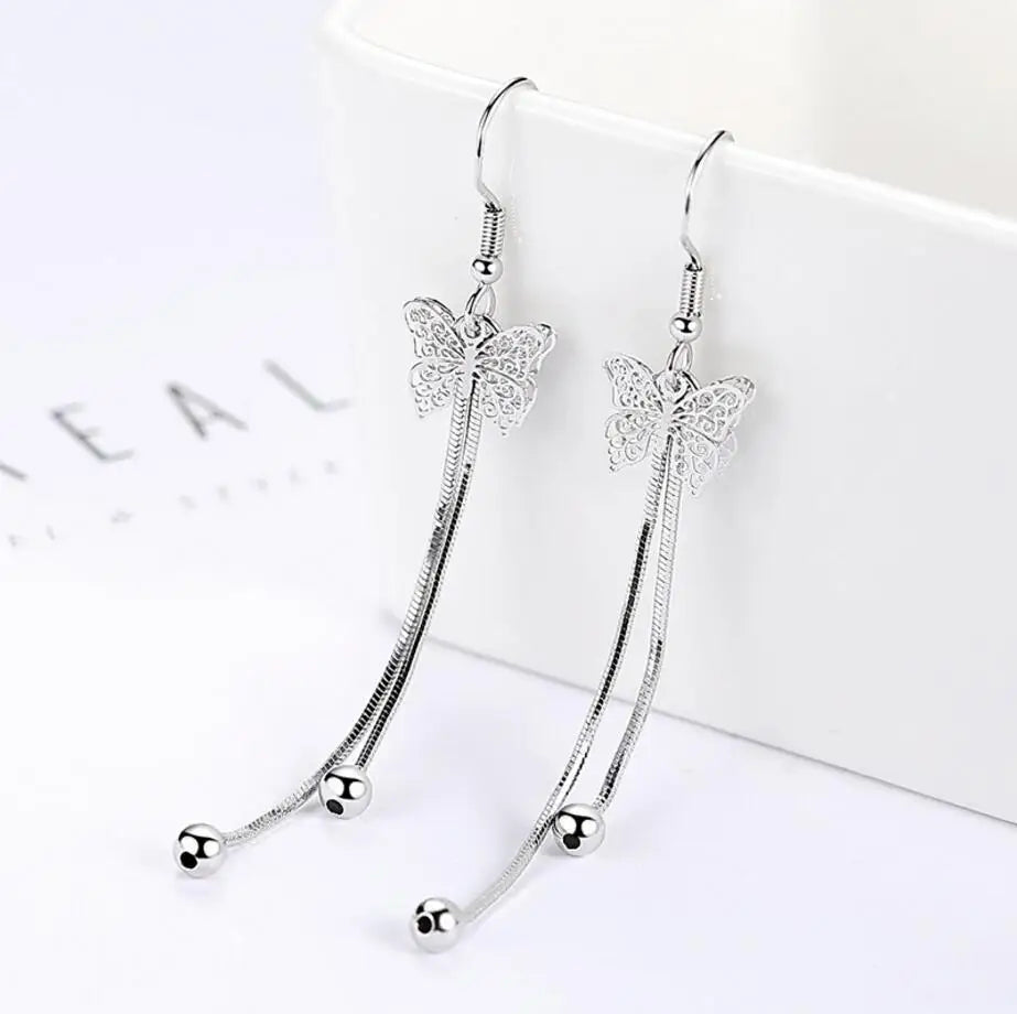 925 stamp silver color Drop Earrings For Women Hollow Butterfly Flying Long Tassel Earrings oorbellen brincos de prata S-E414