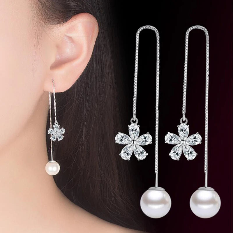 Simple Luxury 925 stamp silver color Earrings For Women Zirconia Ice Flower Pendant Pearl Long Tassel Earrings S-E531