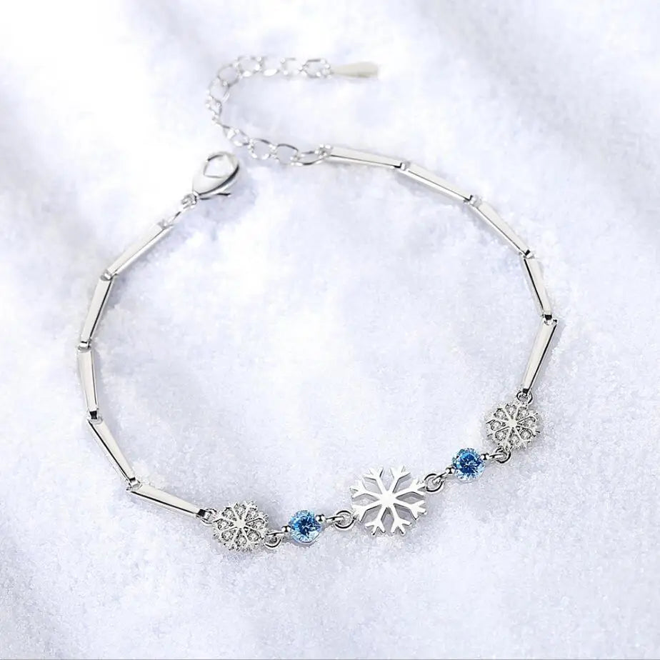 Hot Fashion 925 Sterling Silver Snowflake Bracelets & Bangles Blue/White Zirconia Shiny Crystal pulseira feminina Gift