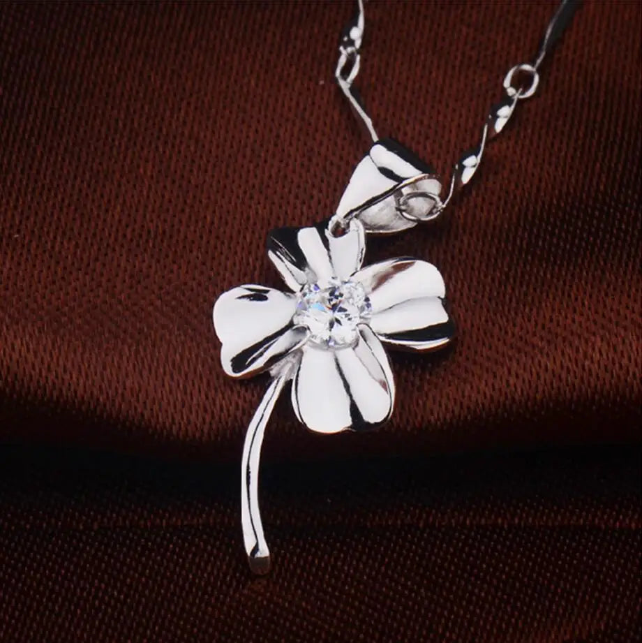 925 Sterling Silver Jewelry Zirconia Clover Pendant Neckace For Women Gift 45cm Chain choker collares kolye S-N130