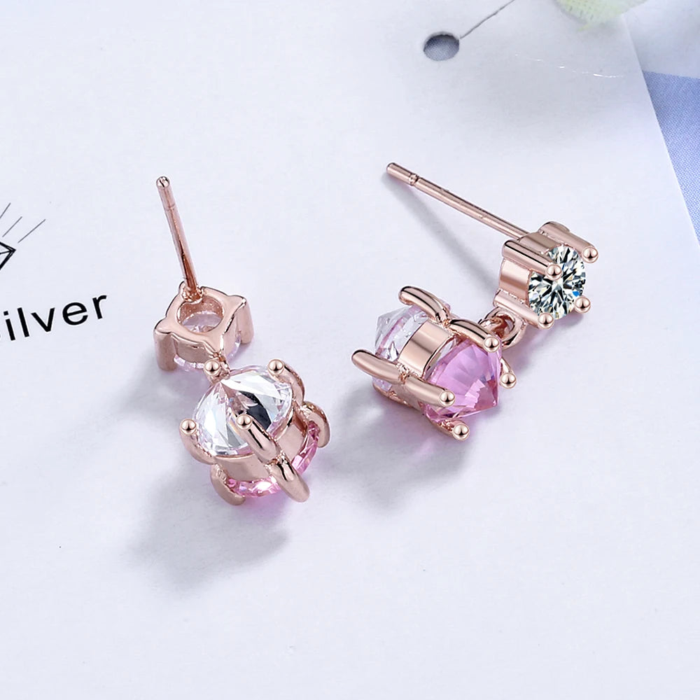 Real 925 Sterling Silver OL Style Round Zirconia Stud Earrings For Women Party Rose Gold Color Korean Wedding Jewelry Gift