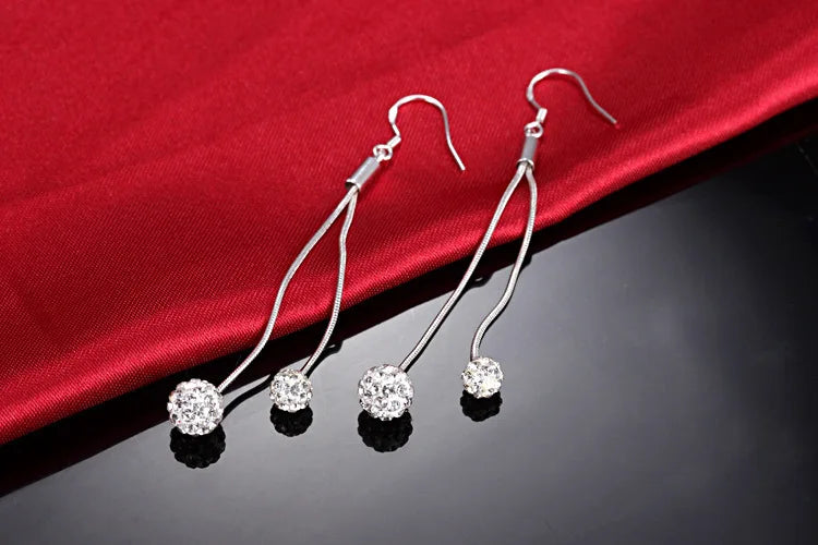 Silver color Bridal Jewelry Rhinestone Crystal Double Balls Long Tassel Drop Earring For Women Boucle D'oreille Oorbellen