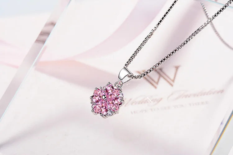 925 Sterling Silver Pink Cherry Blossoms Pendant Necklace For Women Romantic Flower Crystal Pendant Fine Jewelry Birthday Gift