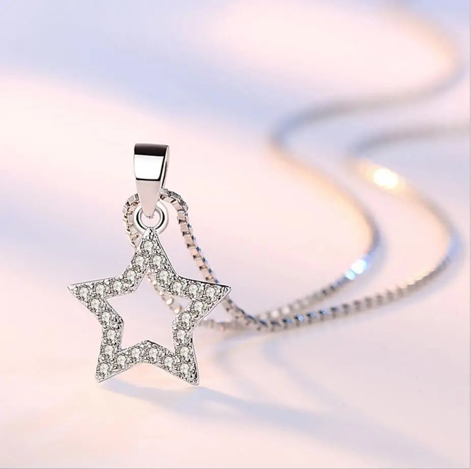 5 Modle 925 Sterling Silver Crystal Zircon Star Heart Circle Square Pendant Necklace For Women Match 45cm Chain choker kolye