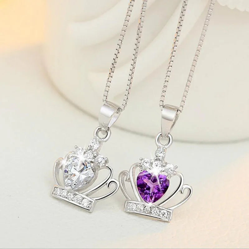 925 Sterling Sliver Necklace Queen Princess Crystal Crown Zirconia Heart Pendant Necklace For Women 45cm Chain S-N98