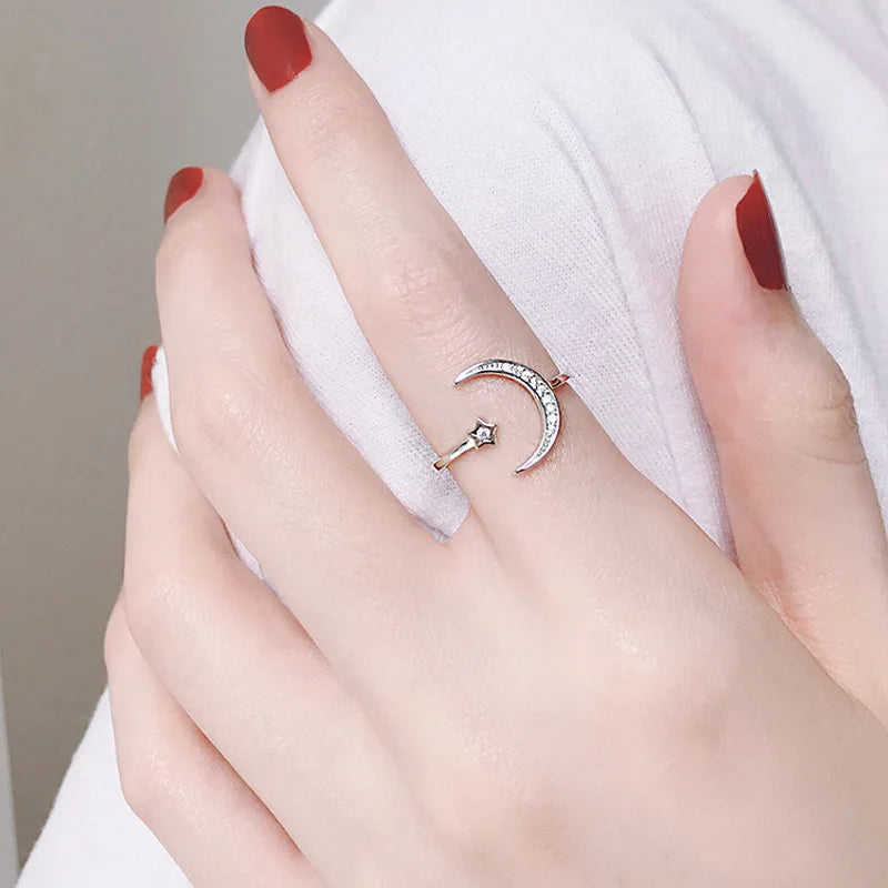 2019 New 925 Sterling Silver Adjustable Women Rings Rhinestone Moon Star Wedding Rings for Women Girls Party Wedding Jewelry