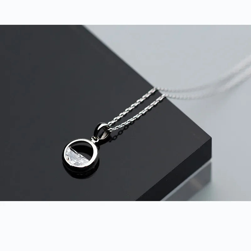 Real 925 Sterling Silver Crystal Round Minimalist Pendant Necklaces Minimalist Fine Jewelry For Women Party Accessories