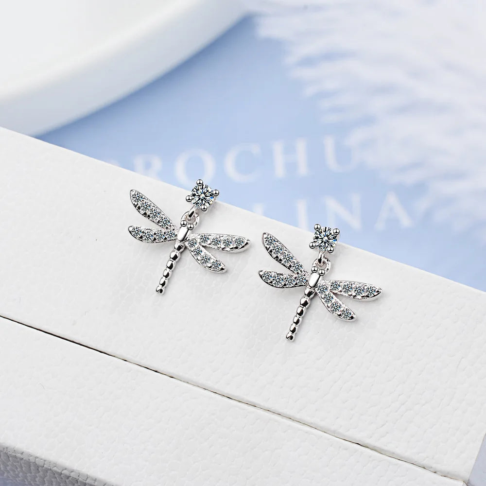 Simple Lovely 925 silver needle Mosaic Zirconia Dragonfly Earrings For Women brincos oorbellen S-E807