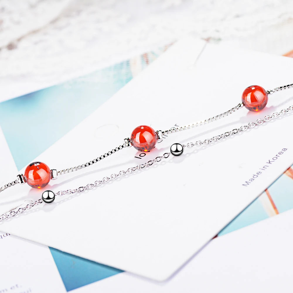 925 Sterling Silver Fashion Women's Jewelry Red Garnet Stone Double Layer Beads Bracelet 16cm For Gift Girls Lady Drop Shipping