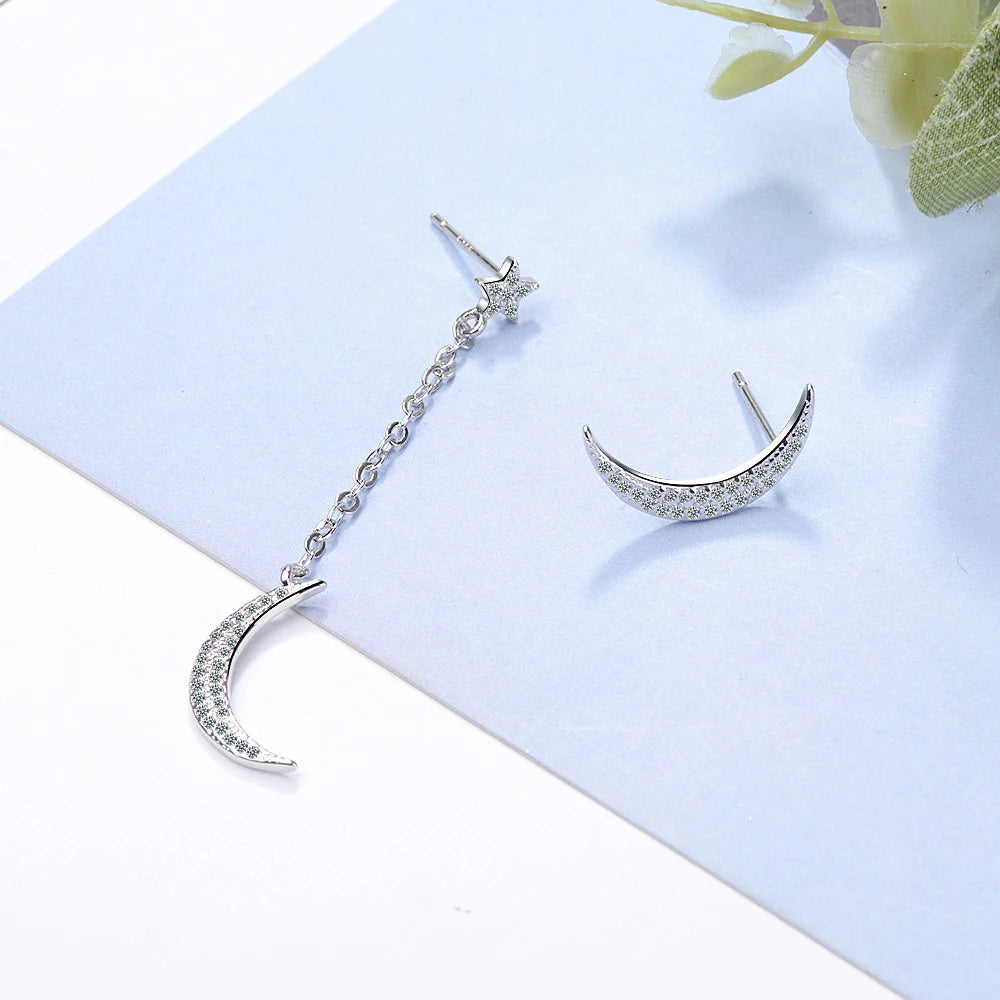 925 Sterling Silver Zirconia Star Moon Asymmetry Tassel Earrings For Women S-e734