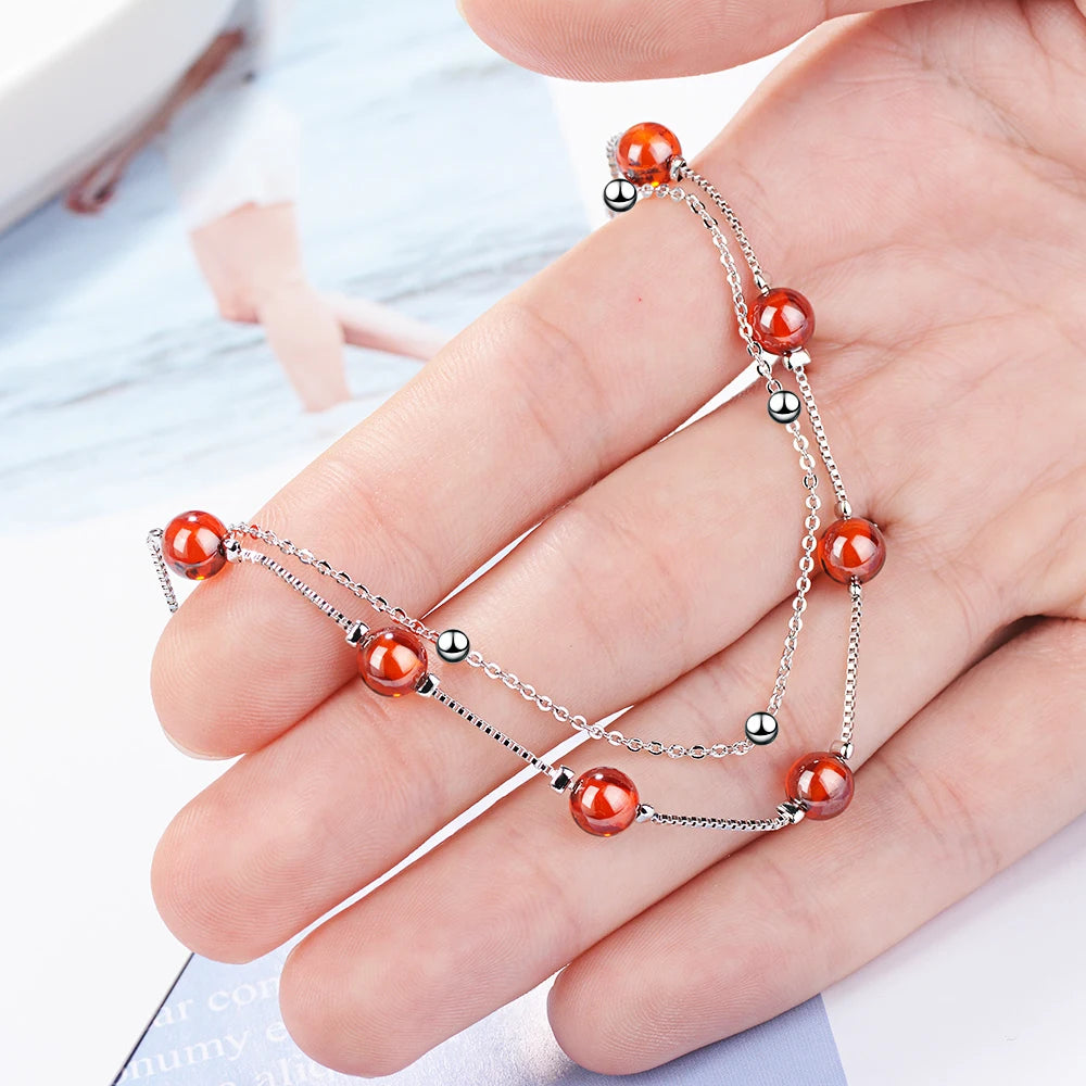 925 Sterling Silver Fashion Women's Jewelry Red Garnet Stone Double Layer Beads Bracelet 16cm For Gift Girls Lady Drop Shipping