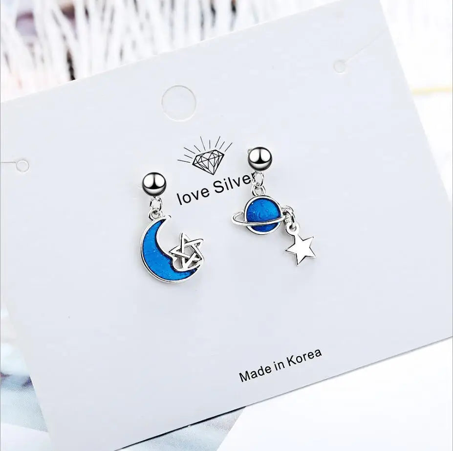 925 silver needle Secret Planet Moon Star Asymmetric Earrings For Women Clear Cubic Zircon Sterling Silver Jewelry Bse016