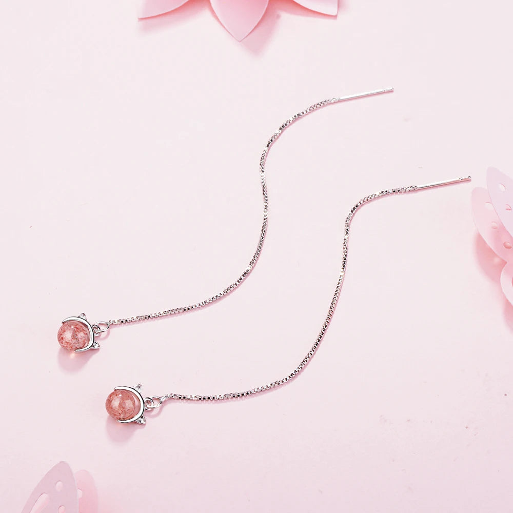 Real 925 Sterling Silver 2019 Women Fashion Cute Pink Strawberry Crystal Cat Long Tassel Drop Earrings For Daughter Girls