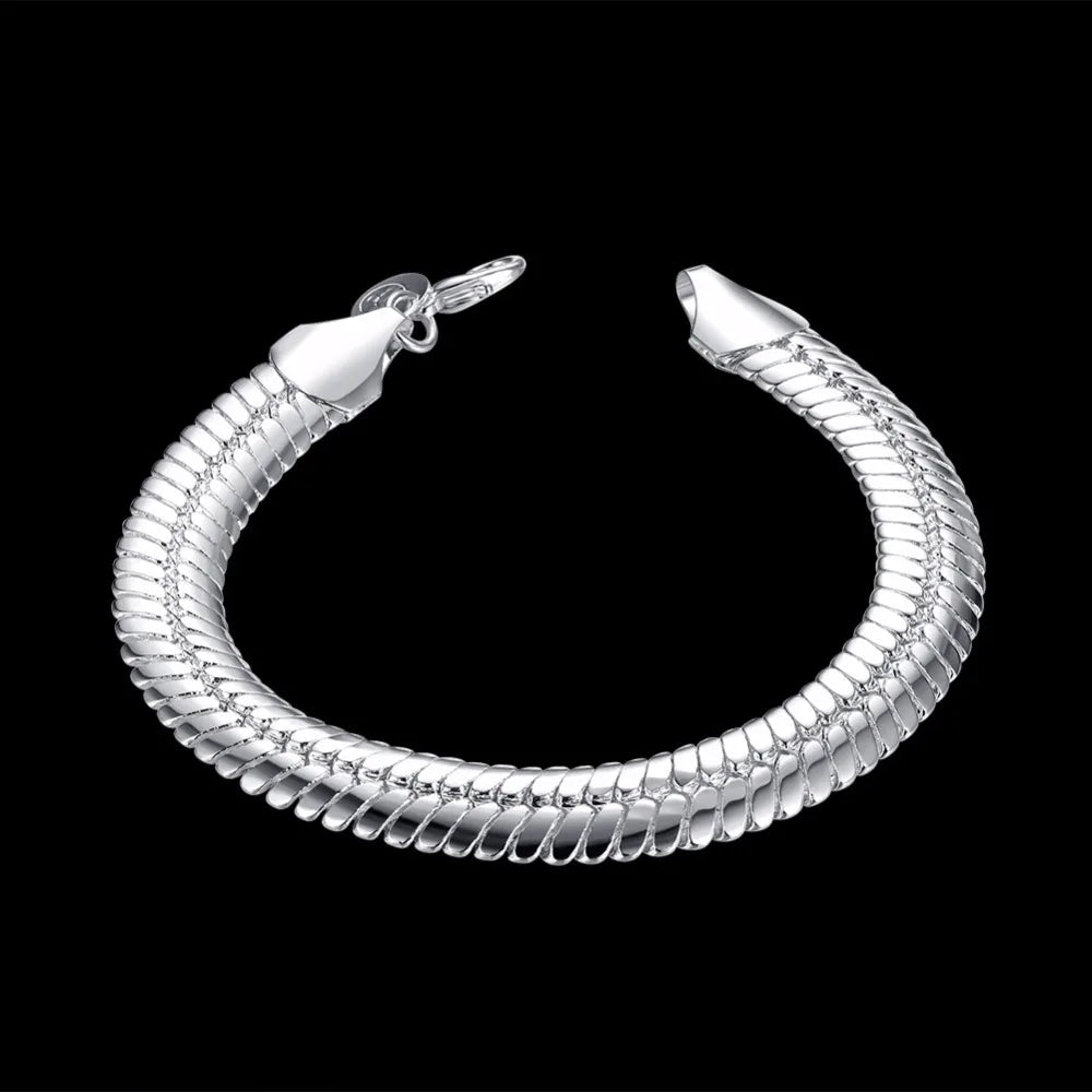 Lekani 10mm Snake Link Chain Bracelet Men Fine Jewelry 925 stamp silver color 21cm Bling Flat Snake Bracelets Bangles Male Gift