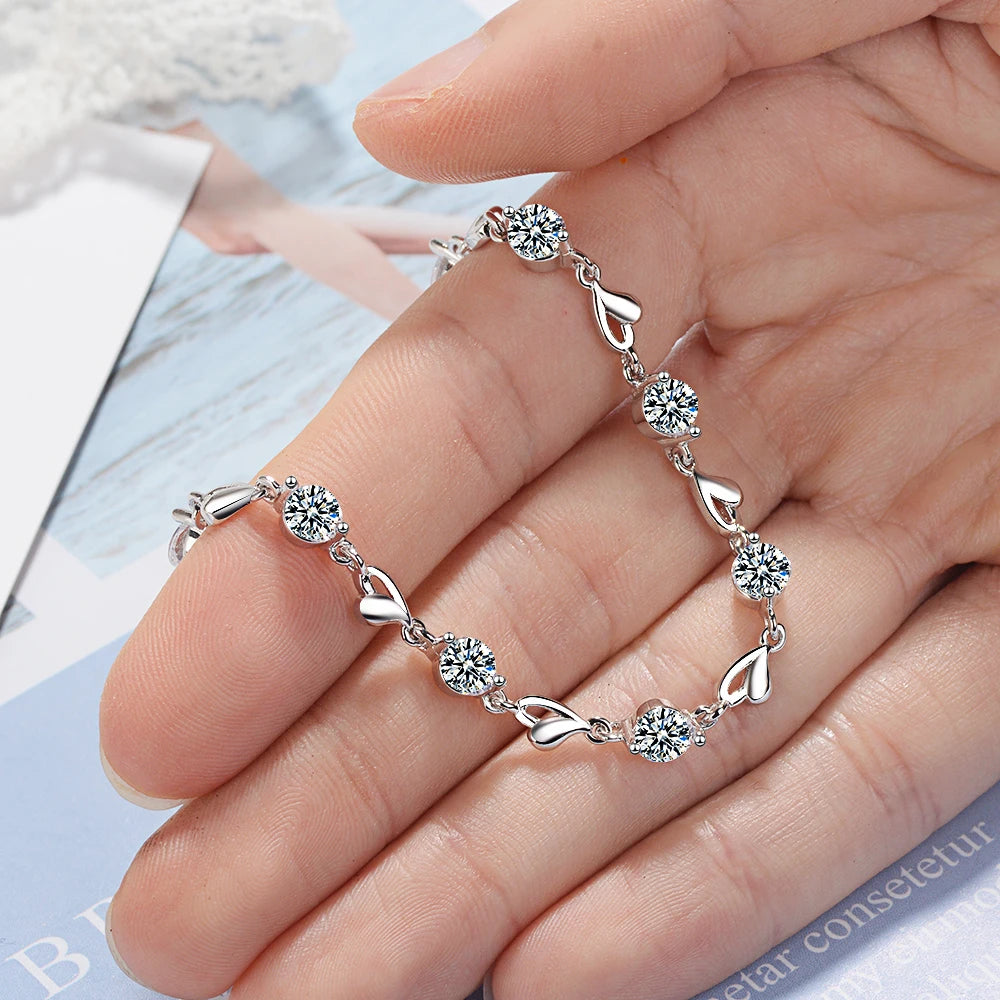 Delicate 925 Sterling Silver Zircon Love Heart Shaped Bracelets For Women Valentines Gift Wedding Jewelry S-b227