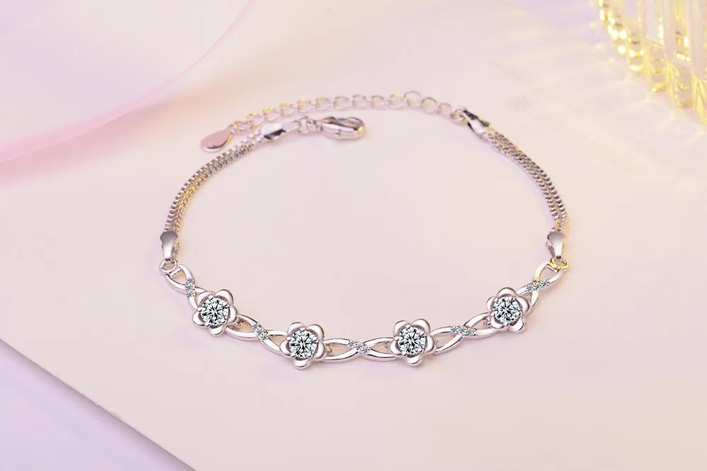 Luxury 925 Sterling Silver Bracelets White Zirconia Plum Flower Bracelets & Bangles Fine Jewelry For Women Pulseira S-b51