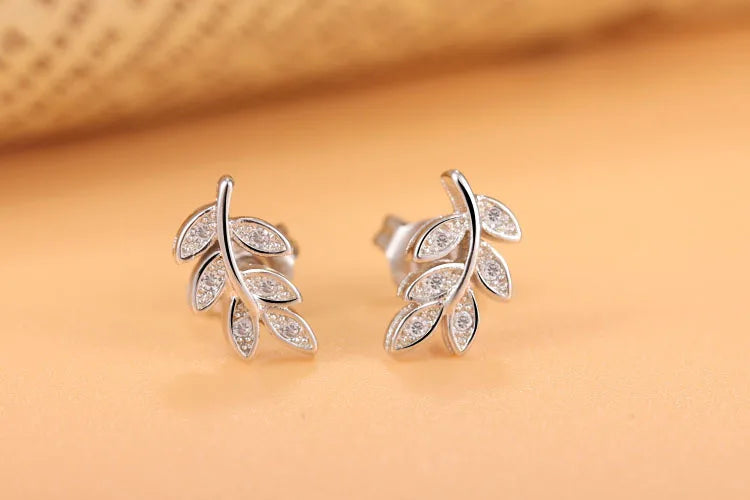 925 silver needle Olive Branch Leaves Stud Earrings Micro Pave Cubic Zirconia For Women Girls Fine Jewelry Brincos