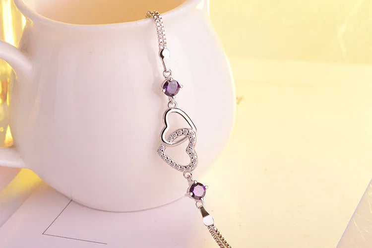 New Fashion 925 Sterling Silver Double Heart Purple Zircon Bracelets For Women Crystal Fine Jewelry Pulseira Feminina