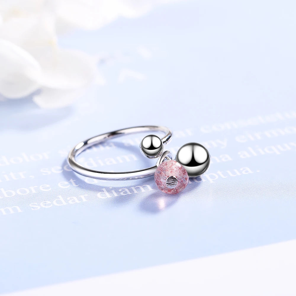 100% 925 Solid Real Sterling Silver Strawberry Crystal Bead Bell Opening Ring 6 7 8 For Women Creative Cute Style Girl Jewelry