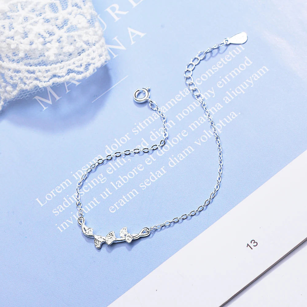 New Simple Fashion 925 Sterling Silver Ginkgo Leaves Chain Bracelet For Women Fine Jewelry Pulseira S-b46