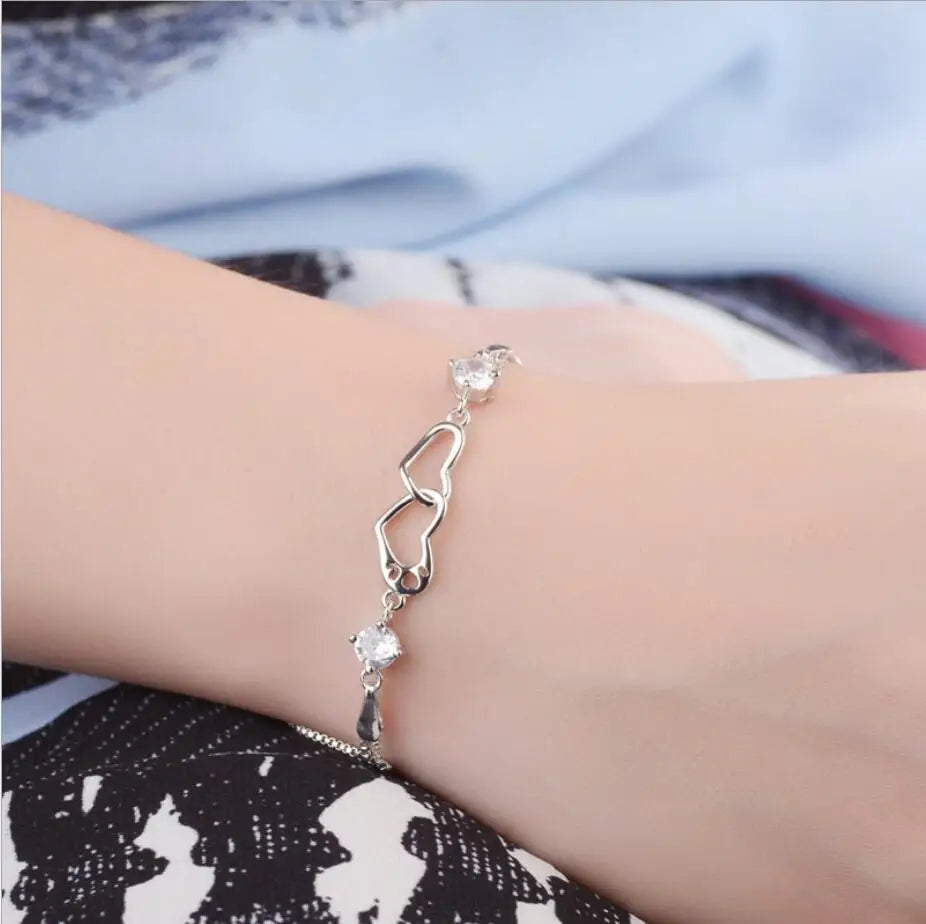 925 Sterling Silver Zircon Double Love Heart Bracelet Bangles For Women Gift Wedding Jewelry Pulseira Feminina