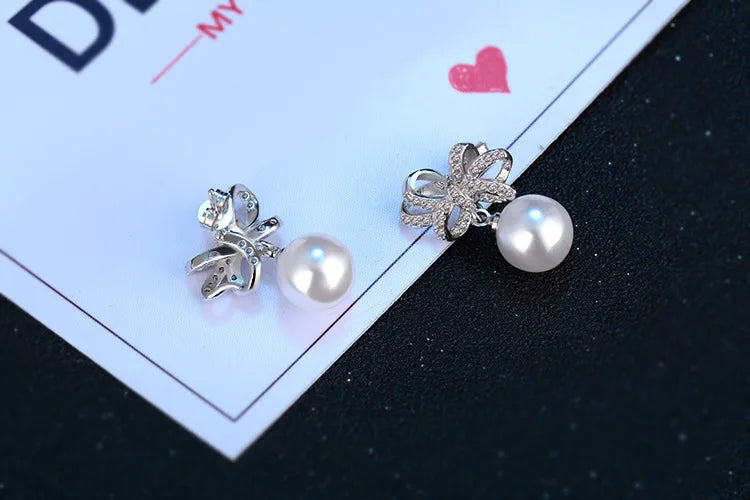 925 silver needle Jewelry Shiny Cz Zirconia Bowknot Pearl Stud Earrings Pendientes Boucles D'oreilles Oorbellen S-e351