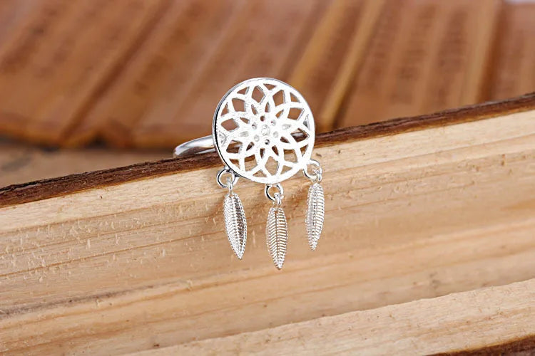 925 Sterling Silver Rings For Women Dreamcatcher Feather Tassel Resizable Rings Jewelry Bague Anillos S-r211