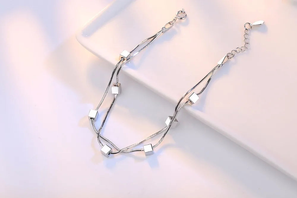 925 Sterling Silver Bracelet Square Box Star Double Chain Adjustable Bracelet Anklet For Women Pulseira S-b167